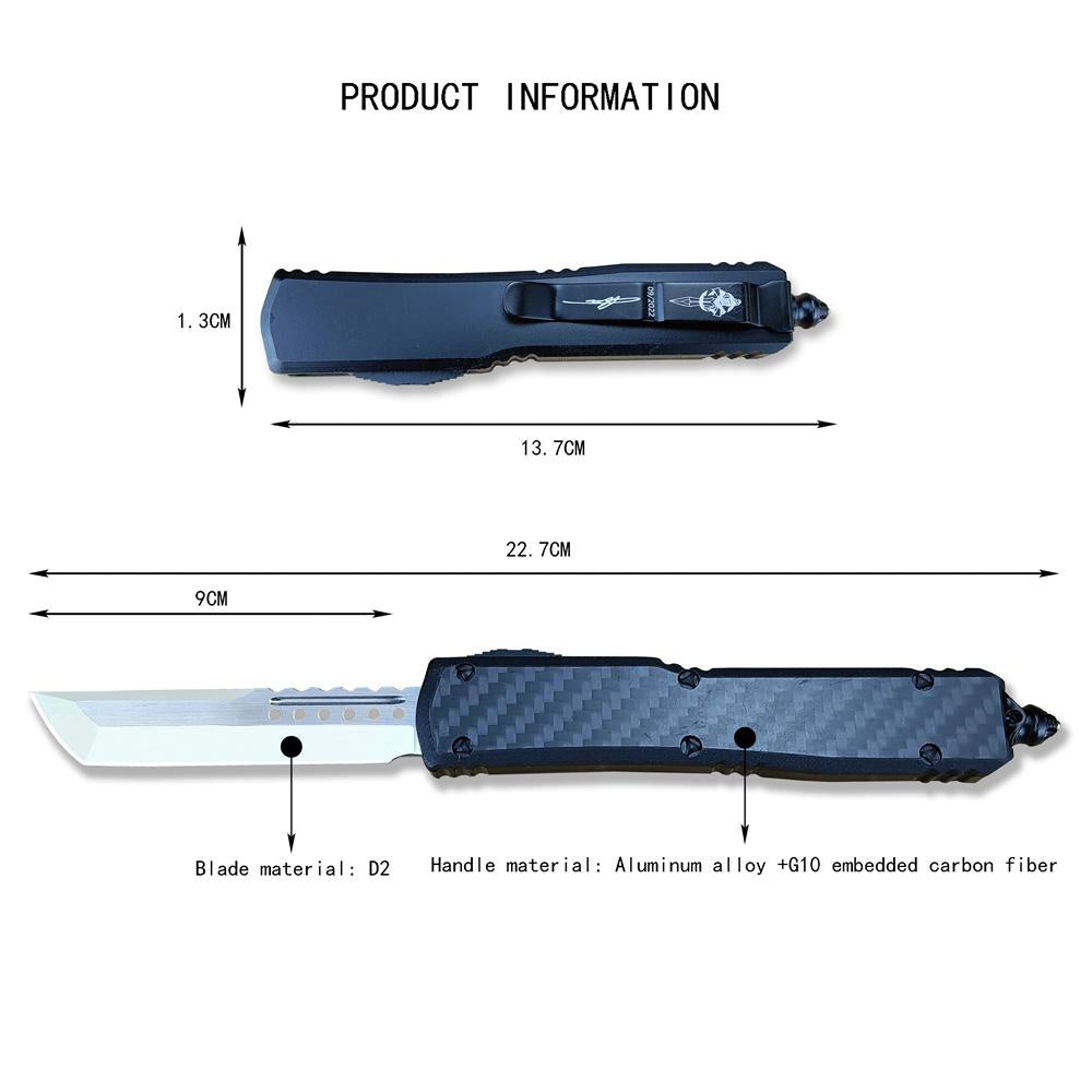 Microtech Carbon Fiber Handle OTF Out The Front Adjustable Blade Knife High Hardness D2 Stainless Steel Work Sharp Fishing Hunting Cutting Outdoor Spring Assisted Dagger Knife Survival EDC Tools