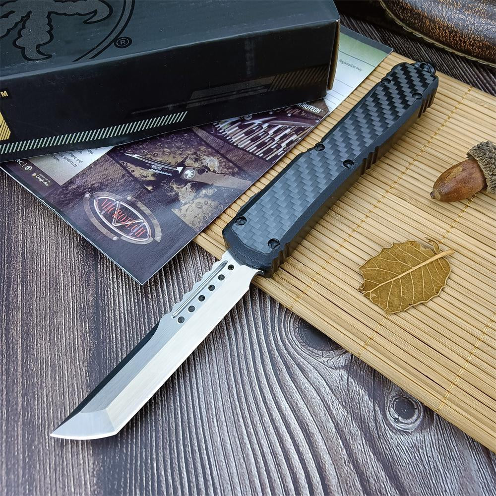 Microtech Carbon Fiber Handle OTF Out The Front Adjustable Blade Knife High Hardness D2 Stainless Steel Work Sharp Fishing Hunting Cutting Outdoor Spring Assisted Dagger Knife Survival EDC Tools